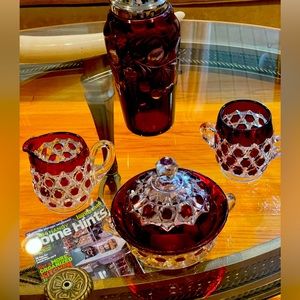 Antique Red Block Glass 3 piece Set Butter Dish Creamer & Sugar Bowl 1892